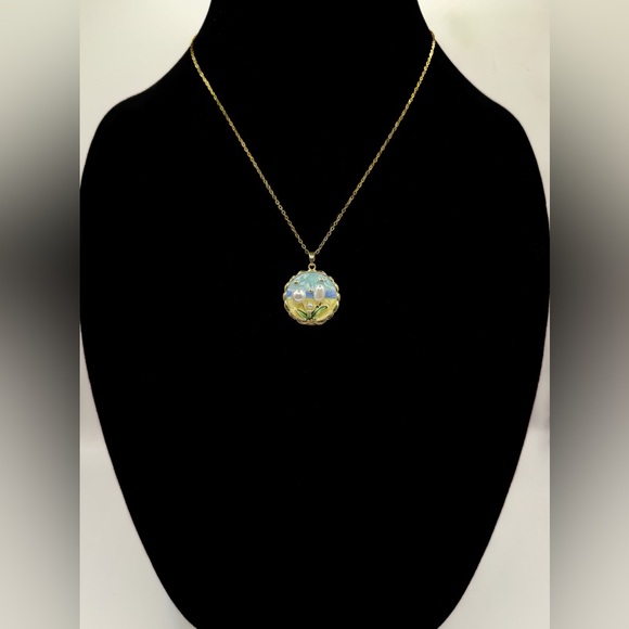 Pastel Enamel Flower Pendant w/ Faux Pearl Accents on Stainless Gold Tone Chain - Picture 3 of 12